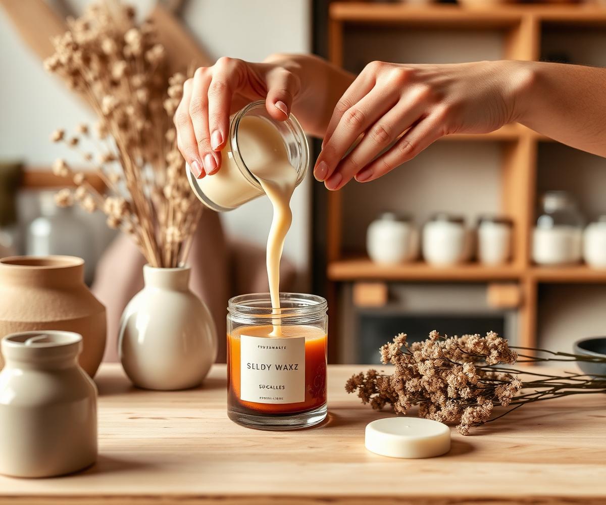Artisan hand-pouring natural soy wax into a Velvet Flame candle jar