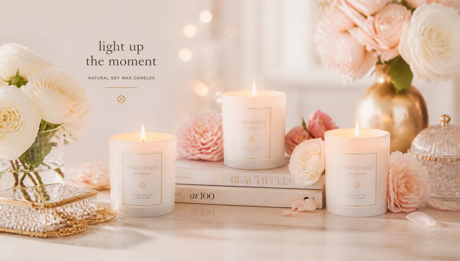 Luxury hand-poured Velvet Flame jar candles glowing beside blush roses and gold accents